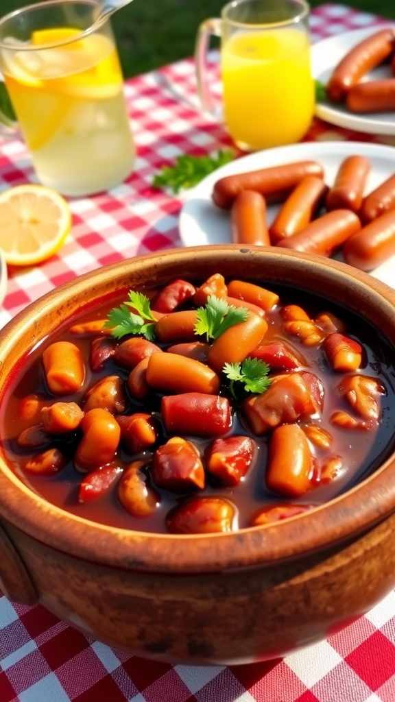 A bowl of savory baked beans garnished with parsley, surrounded by picnic items on a checkered tablecloth.